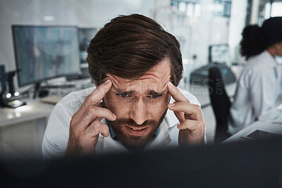 Buy stock photo Stress, research or scientist with headache or burnout in a laboratory suffering from migraine pain or overworked. Exhausted, sick or tired man working on science data frustrated with fatigue problem