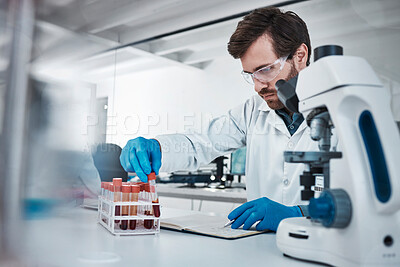 Buy stock photo Working in laboratory, person studying chemical sample in blood test tube and research biotechnology in Germany. Expert pathology scientist, liquid solution and focus on career in medical science