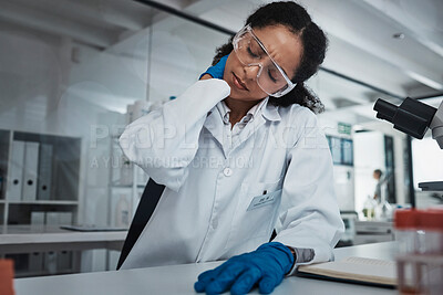 Buy stock photo Stress, woman or scientist with neck pain in a laboratory suffering from burnout, body ache or overworked. Exhausted, injury or tired doctor working on science research with fatigue or tension