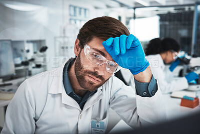 Buy stock photo Tired man, doctor and scientist with headache at night suffering from burnout, stress or overworked in the lab. Exhausted male in science research, stress or thinking while working late in laboratory