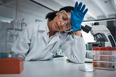 Buy stock photo Tired woman, doctor and scientist sleeping with headache at night suffering from burnout or overworked at lab. Exhausted female in science research, stress or asleep while working late in laboratory