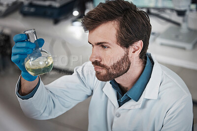 Buy stock photo Science, study or scientist in laboratory with chemical liquid after chemistry research or scientific testing. Physics analysis, man or medical doctor with acid solution for medicine development