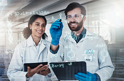 Buy stock photo Science, man and woman with glass, researchers and clipboard for data analysis, experiment and brainstorming. Research, happy male scientist and female employee with analytics, share ideas or writing