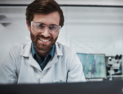Buy stock photo Man, technology or laboratory glasses safety for science research, medical analytics or bacteria vaccine study. Smile, happy or scientist in pharmacy innovation, future dna engineering or healthcare 