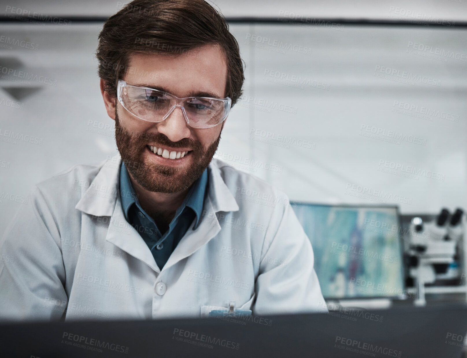 Buy stock photo Man, technology or laboratory glasses safety for science research, medical analytics or bacteria vaccine study. Smile, happy or scientist in pharmacy innovation, future dna engineering or healthcare 