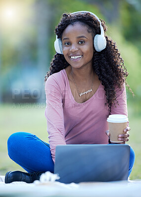 Buy stock photo Headphones, black woman and portrait of a student in a park listening to music and web audio. Computer, outdoor studying and streaming online radio with happiness and blurred background in morning