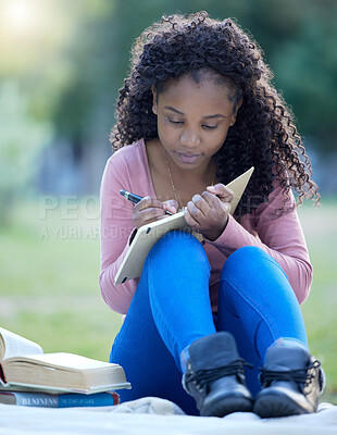Buy stock photo Black woman, studying and park of a student with study books outdoor writing notes. Notebook, learning and girl with university, college and education book on blanket with blurred background