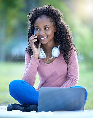 Buy stock photo Education, laptop and black woman on a phone call in a park for communication, studying and learning. Contact, working and African student talking on a mobile with a computer for a college project
