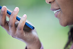 Phone call, black woman hand and face zoom outdoor on mobile connection with blurred background. Online conversation and speaking of a young person listening to audio with a smile from communication