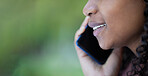 Phone call, black woman and face outdoor on a mobile connection with blurred background. 5g, online conversation and speaking of a young person listening to audio with a smile from communication