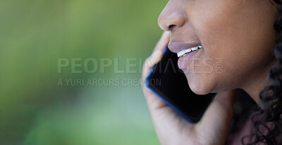 Buy stock photo Phone call, black woman and face outdoor on a mobile connection with blurred background. 5g, online conversation and speaking of a young person listening to audio with a smile from communication