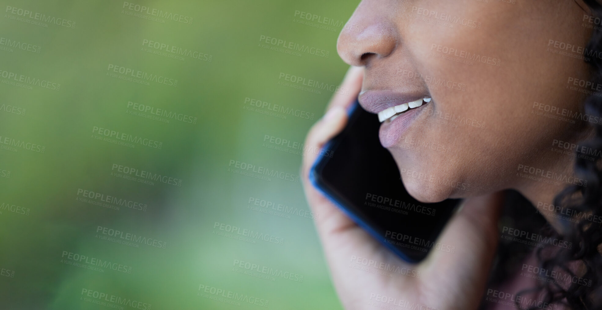 Buy stock photo Phone call, black woman and face outdoor on a mobile connection with blurred background. 5g, online conversation and speaking of a young person listening to audio with a smile from communication