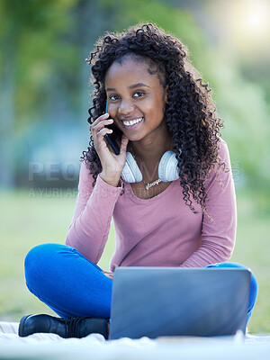 Buy stock photo Education, laptop and portrait of black woman on phone call in a park for communication, studying and learning. Contact, working and African student talking for a college project and remote elearning
