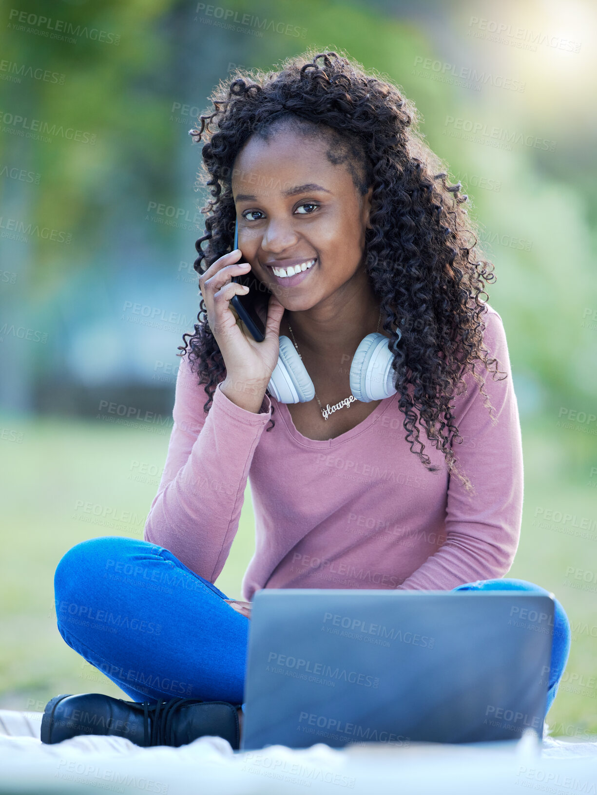 Buy stock photo Education, laptop and portrait of black woman on phone call in a park for communication, studying and learning. Contact, working and African student talking for a college project and remote elearning