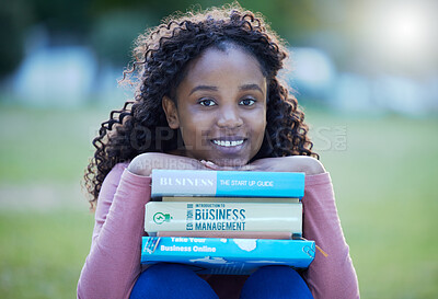 Buy stock photo Books, portrait and black woman at park or university campus for distance learning, studying and reading knowledge. Face of person or student textbook for business college, scholarship and education
