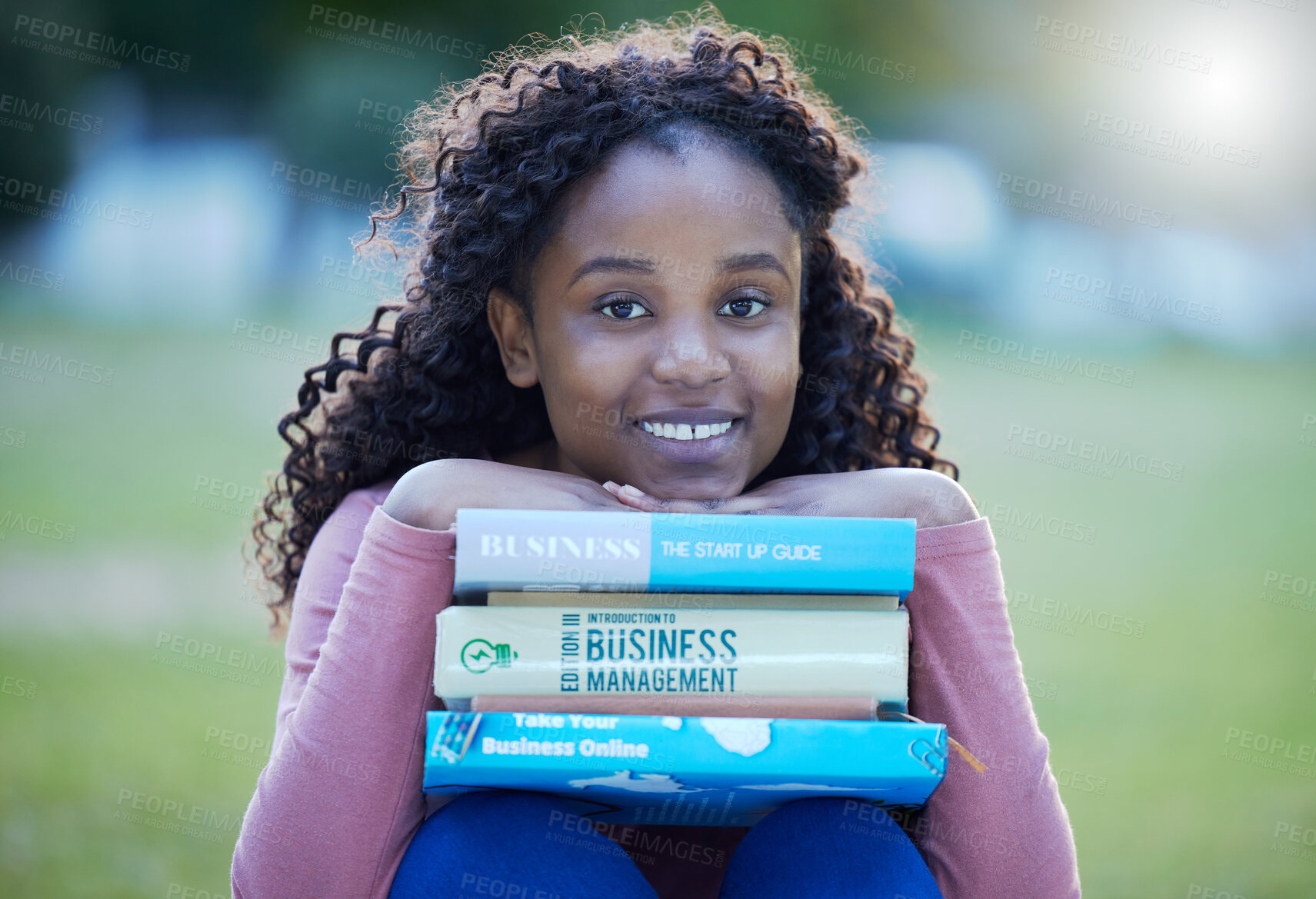 Buy stock photo Books, portrait and black woman at park or university campus for distance learning, studying and reading knowledge. Face of person or student textbook for business college, scholarship and education