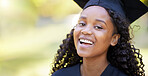 Happy, graduation and smile with portrait of black woman for education, success and college with mockup. Scholarship, study and university with face of student for mindset, school and future