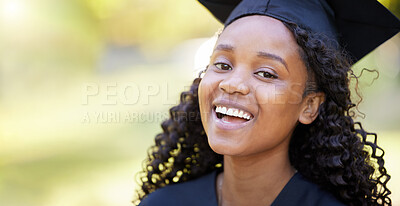 Buy stock photo Happy, graduation and smile with portrait of black woman for education, success and college with mockup. Scholarship, study and university with face of student for mindset, school and future