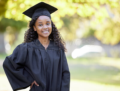 Buy stock photo Success, graduation and smile with portrait of black woman in nature for education, happy and college with mockup. Scholarship, study and university with student for mindset, school and future goals