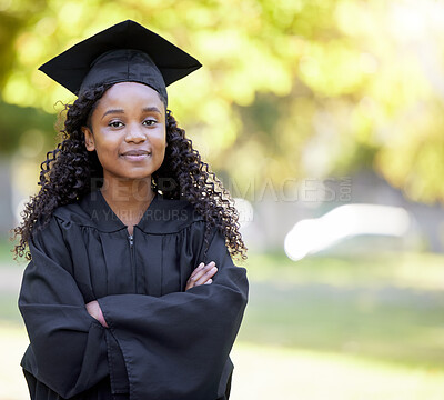 Buy stock photo Education, student and graduation by black woman portrait at university for future, goal or success on blur background. Face, graduate and girl at college for scholarship, academic and qualification