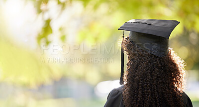Buy stock photo Graduation cap, mockup and black woman thinking future, education and college achievement. University graduate, student or person think goals, success and education or future as motivation outdoor