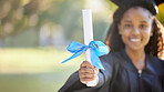 College graduation, certificate and black woman with paper in hand to celebrate achievement and future. University student happy about goals, success and education diploma for motivation and learning