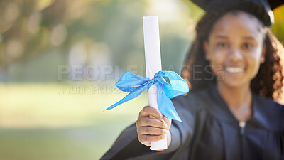 Buy stock photo College graduation, certificate and black woman with paper in hand to celebrate achievement and future. University student happy about goals, success and education diploma for motivation and learning
