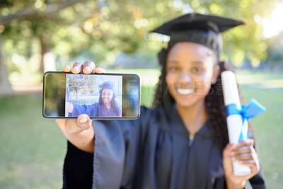 Buy stock photo College graduation, certificate and black woman selfie with phone in hand to celebrate achievement. University student happy about goals, success and profile picture for motivation and education