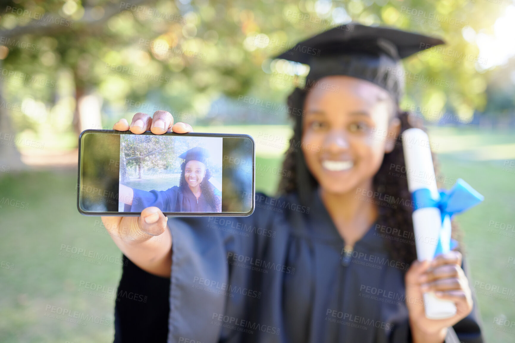 Buy stock photo College graduation, certificate and black woman selfie with phone in hand to celebrate achievement. University student happy about goals, success and profile picture for motivation and education
