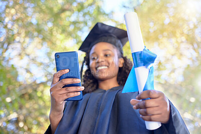 Buy stock photo College graduation, phone and black woman with certificate in hand to celebrate and share achievement. University student happy for goals, success and education diploma while online for social media