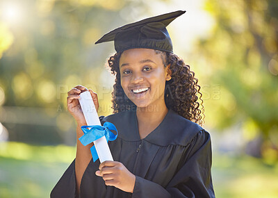 Buy stock photo Certificate, graduation and smile with portrait of black woman in nature for education, success and college. Scholarship, study and university with student and diploma for mindset, school and future