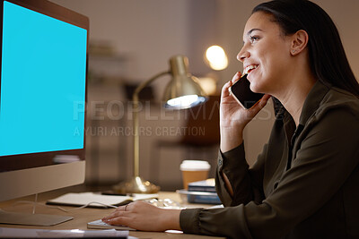 Buy stock photo Phone call, business woman or computer green screen mockup in office for communication, networking or speaking. Search, computer or employee on smartphone for stock market, crypto growth or finance