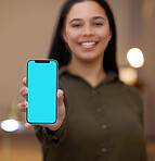 Phone, business woman or hand with green screen mockup in office for communication, networking or advertising. Space, product placement or girl employee on smartphone for social media or web design