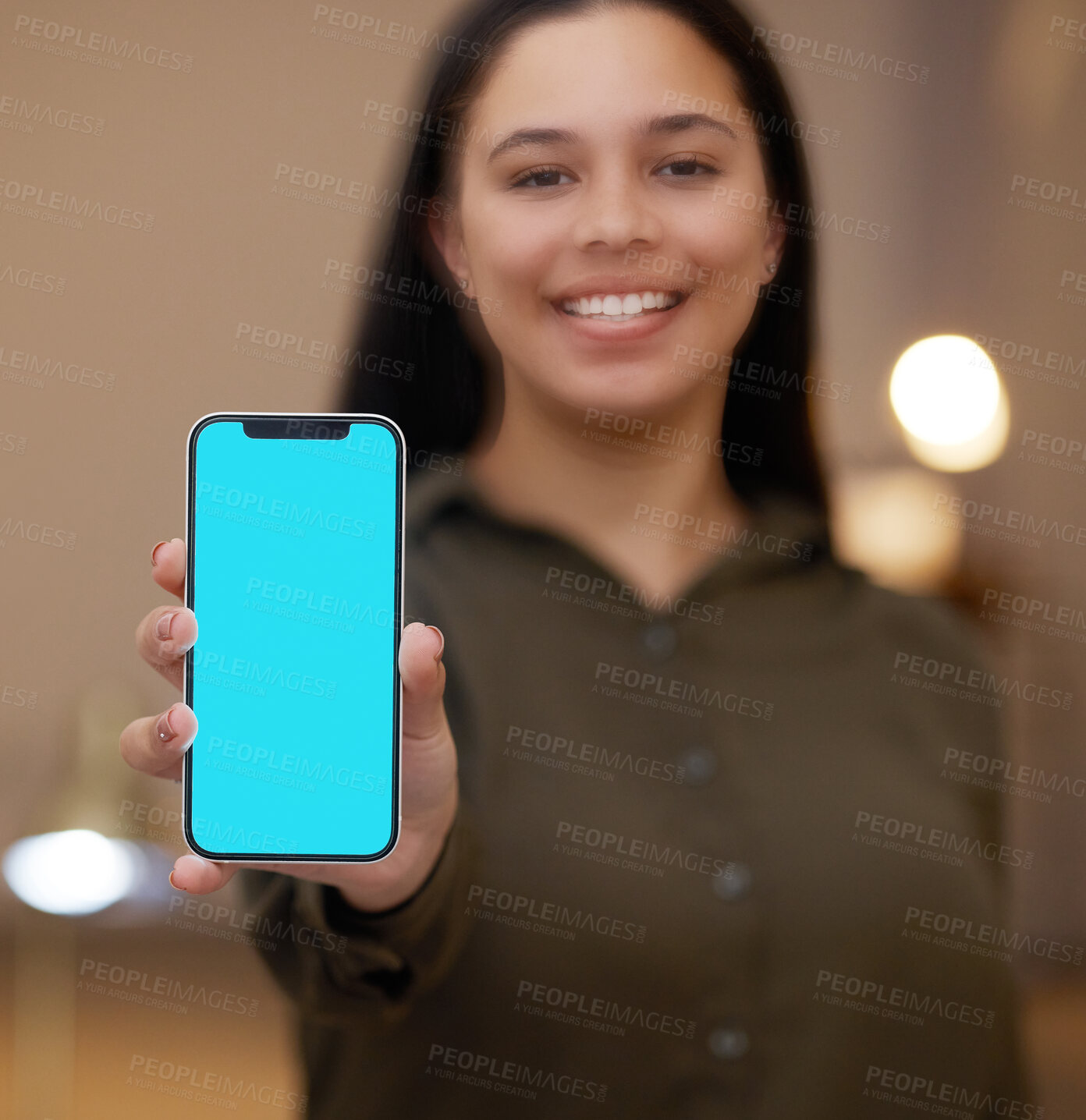 Buy stock photo Phone, business woman or hand with green screen mockup in office for communication, networking or advertising. Space, product placement or girl employee on smartphone for social media or web design