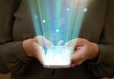 Buy stock photo Hologram, hands and smartphone with connection, futuristic and typing for social media. Holographic, closeup and zoom with cellphone, future communication or global networking for texting or message 