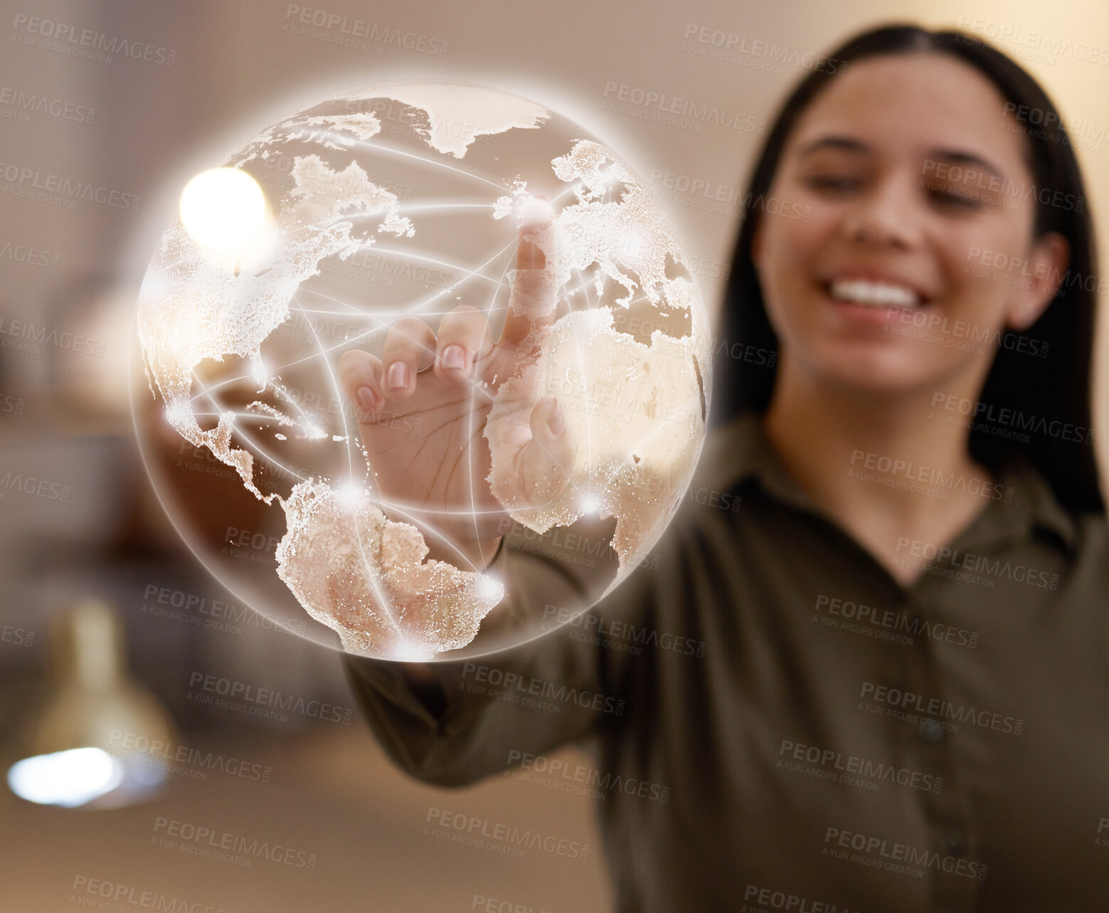 Buy stock photo Hand, woman and earth hologram for global network, information technology or internet communication. Future, ai or globe with girl developer for 3d futuristic model or cloud computing on data app