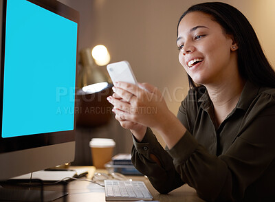 Buy stock photo Computer, green screen mockup or woman with phone in office at night for social media, networking or reading blog news. Search, smile or girl on smartphone for content typing, website or mobile app