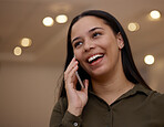Happy phone call, communication or woman in office for conversation, discussion and talking in New York. Smile, good news or employee girl on smartphone for speaking, networking and mobile chatting