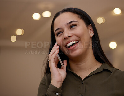Buy stock photo Happy phone call, communication or woman in office for conversation, discussion and talking at night. Smile, good news or employee girl on smartphone for speaking, networking and mobile chatting