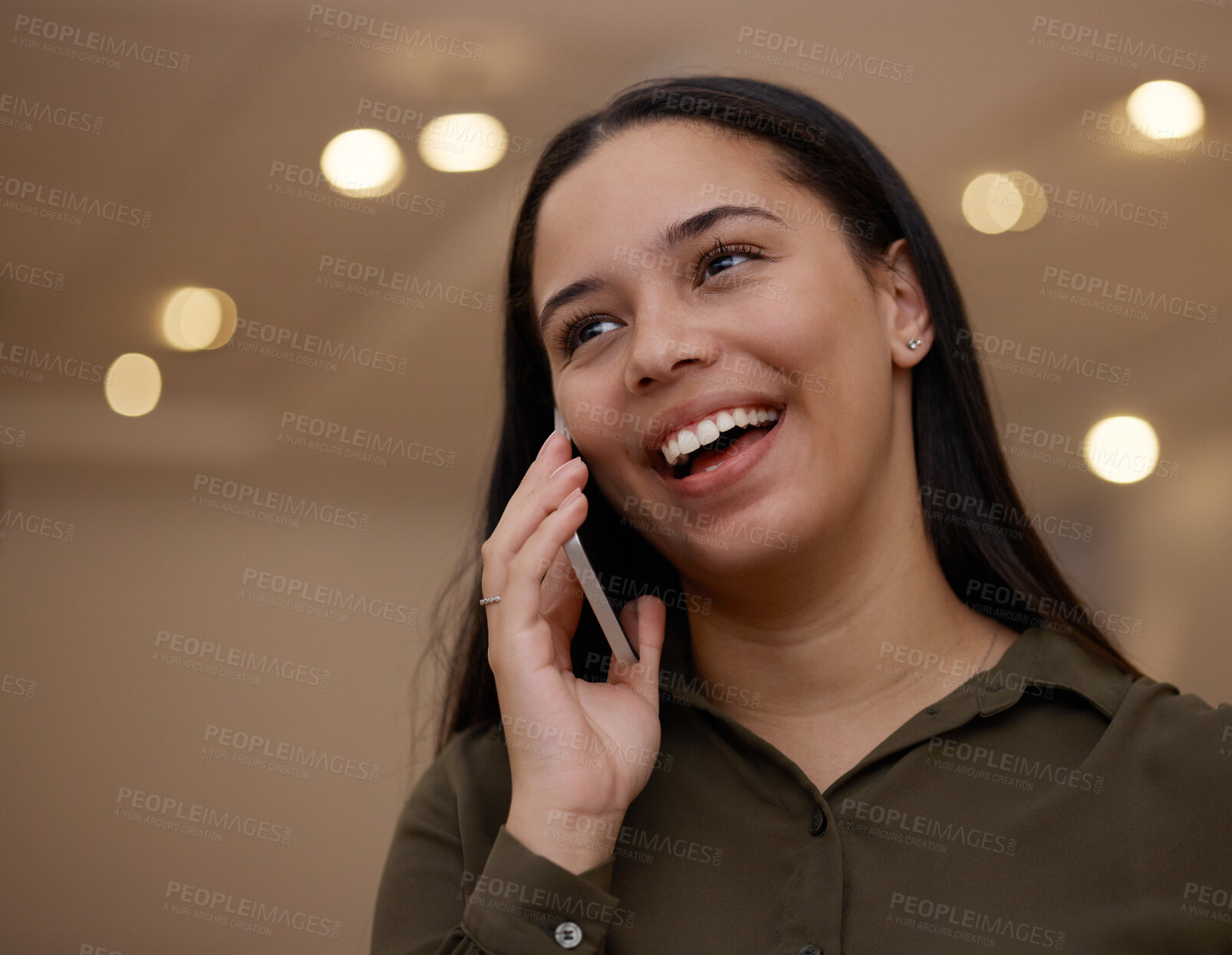Buy stock photo Happy phone call, communication or woman in office for conversation, discussion and talking at night. Smile, good news or employee girl on smartphone for speaking, networking and mobile chatting