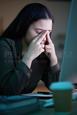 Buy stock photo Woman with headache, working on project at night in office with computer and mental health of corporate business worker. Young overworked person at desk, from late workload and employee burnout