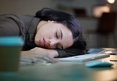 Buy stock photo Night, sleeping and tired woman on her desk computer with depression, burnout and mental health risk. Business person, workaholic or young employee fatigue, low energy and time management problem