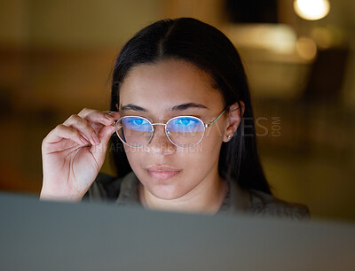 Buy stock photo Computer, thinking and black woman working at night on web search and blog project. Digital website journalist, glasses and planing online writer doing research for creative writing for tech article