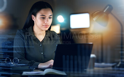 Buy stock photo Focus, overlay or woman typing on laptop for futuristic data thinking, investment search or stock market. Serious, research or girl with tech for future finance idea, cryptocurrency or global economy