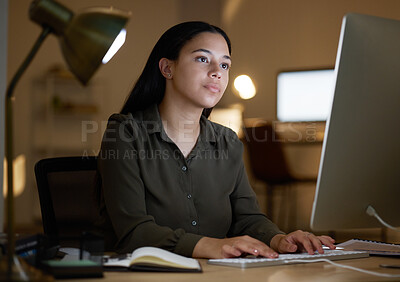 Buy stock photo Focus, search or woman typing on computer at night planning company strategy, web content or networking. Serious, research or girl on tech for creative idea, business SEO report or email in office
