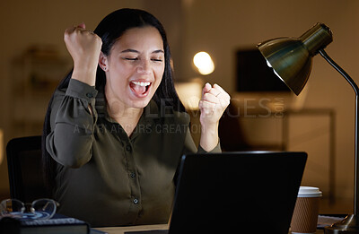 Buy stock photo Business woman, laptop and office with celebration, winning and success on stock market with smile. Happy employee, winner and girl celebrate for profit in crypto, global investment or trading online