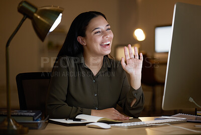 Buy stock photo Business woman, night and video call or webinar at desk in dark office for communication. Happy entrepreneur person wave hand for hello online for learning, training or virtual seminar meeting