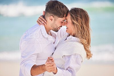 Buy stock photo Love, dance and happy with couple on beach for date, romance and anniversary celebration. Smile, bonding and affectionate with man and woman on holiday for hug, vacation and happiness together