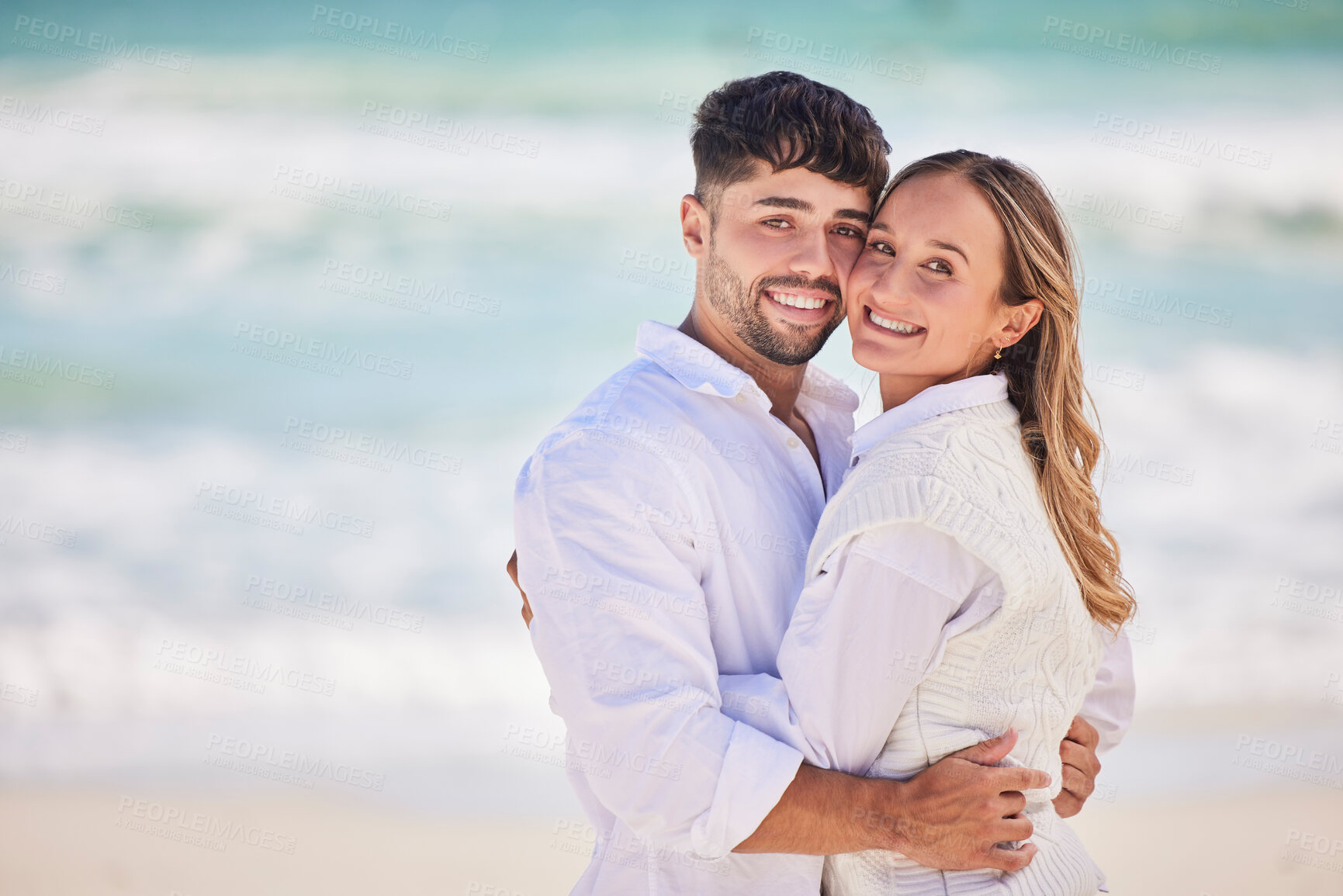 Buy stock photo Portrait, love or couple hug at beach on holiday vacation or romantic honeymoon to celebrate marriage commitment. Travel, trust or woman bonding or hugging a happy partner in fun summer romance 