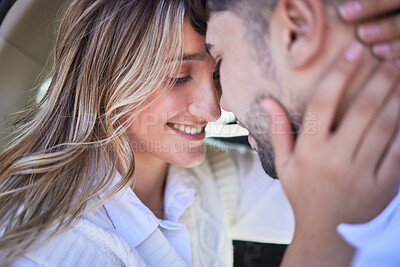 Buy stock photo Love, forehead or couple on road trip in holiday vacation or romantic marriage commitment during travel. Embrace, trust or happy woman bonding with partner in fun summer romance together in peace